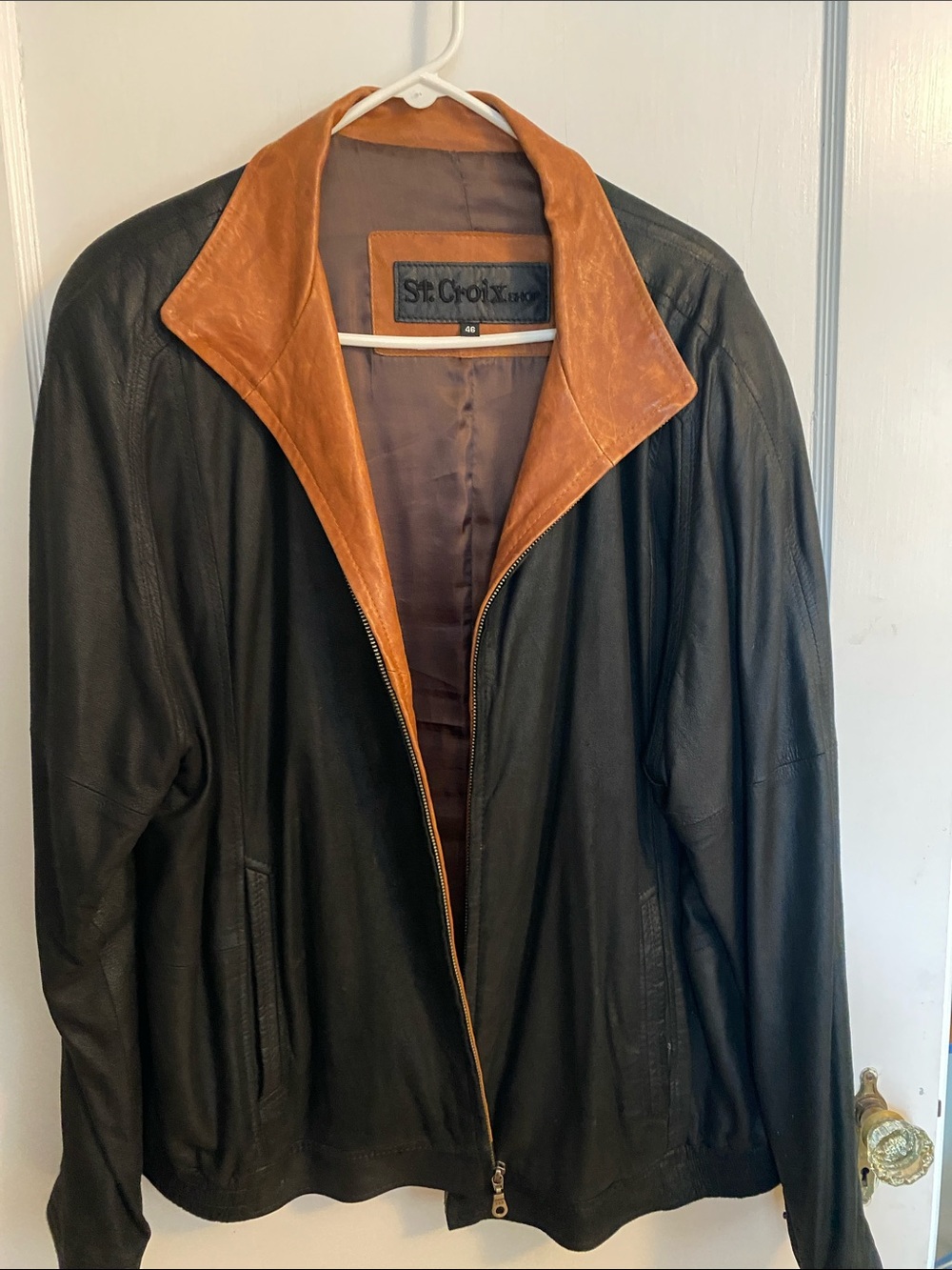 St. Croix Black Leather Bomber Jacket with Brown Contrast Collar